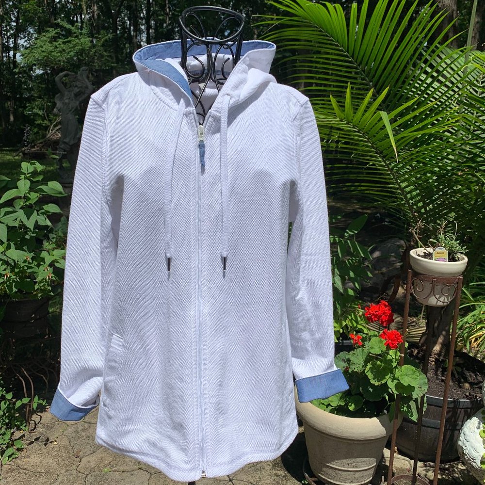 Talbots White Hooded Jacket with Blue Denim Detail - Size Large Petite